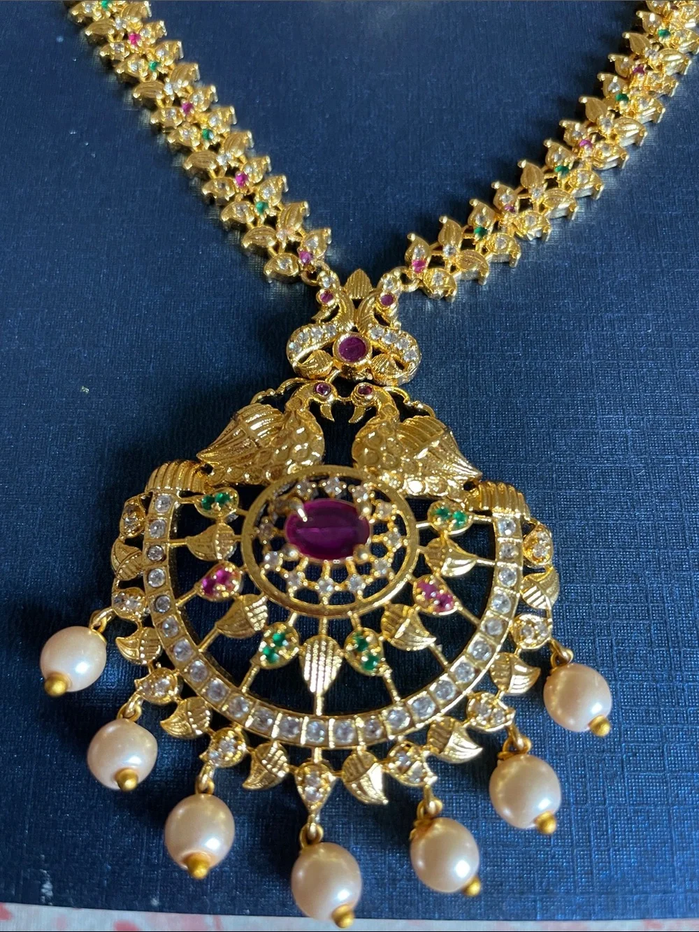 Gold-tone Women’s Statement Pendant Necklace with Ruby and Emerald Accents